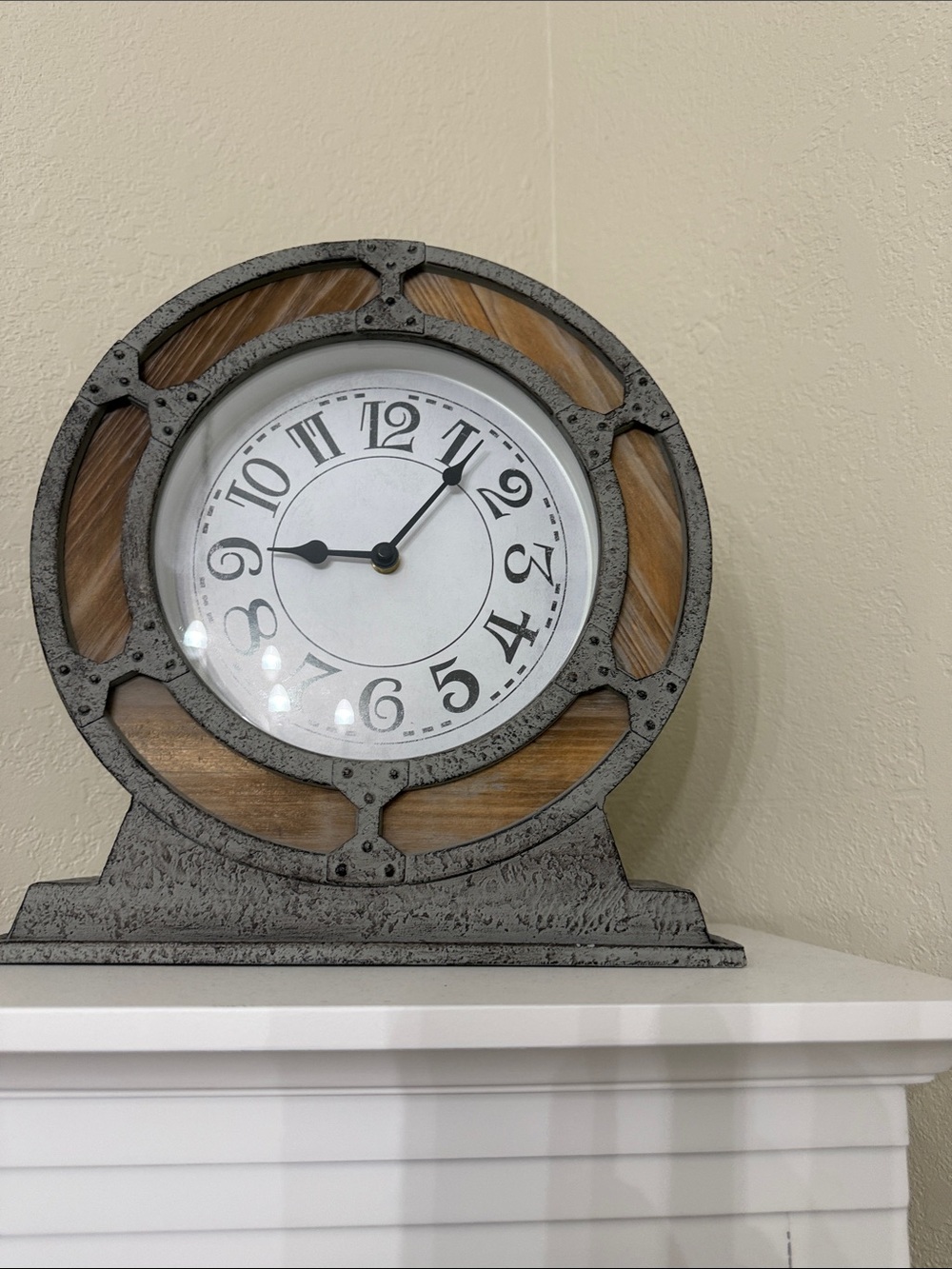 Gray and Wood Round Mantel Clock - Decorative Home Wall Decor